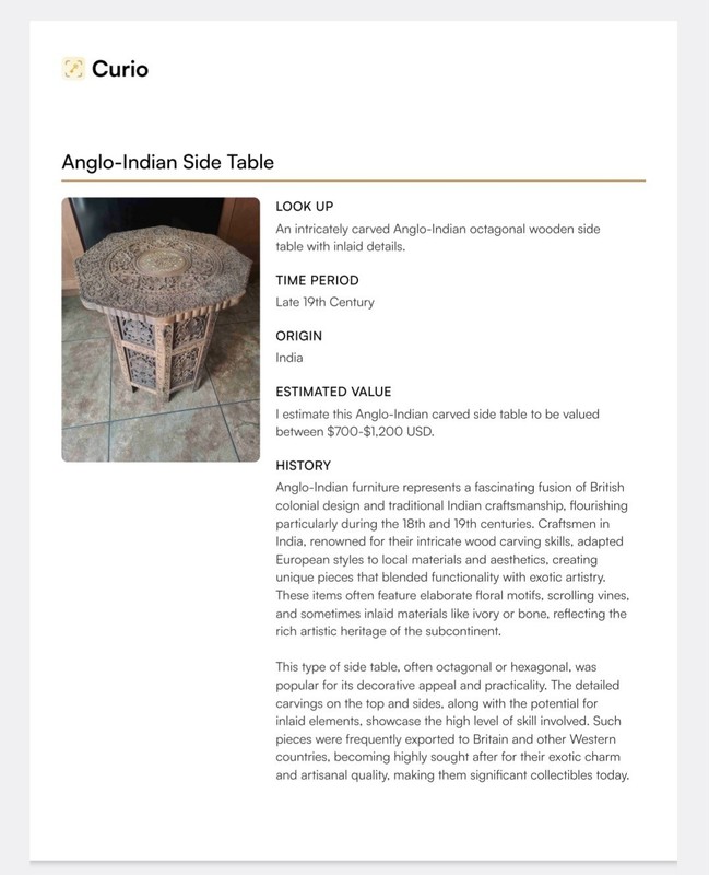 ANTIQUE intricately carved Anglo-Indian wooden side table with inlaid details gallery