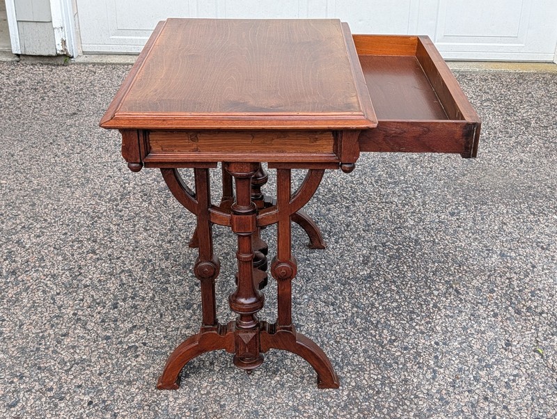 Antique Victorian Hallway Side or Parlor Table with Drawer, Walnut & Burl Trim gallery
