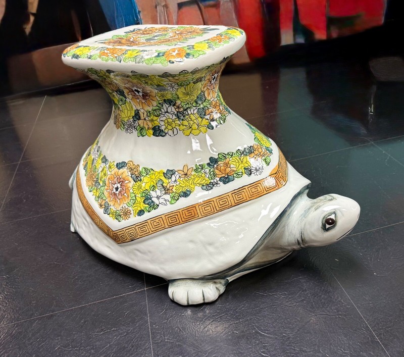 Vintage Italian Ceramic Floral Chinoiserie Regency Turtle Garden Table