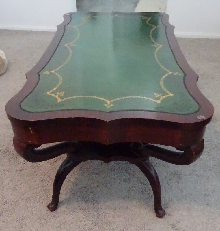 Rare Bevan Funnel Green Tooled Leather Top Coffee Table Gold Accents Mahogany