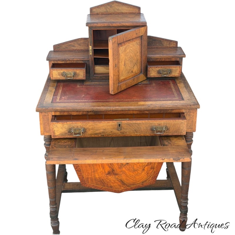 Antique victorian rosewood burl sewing table work stand leather top ladies gallery