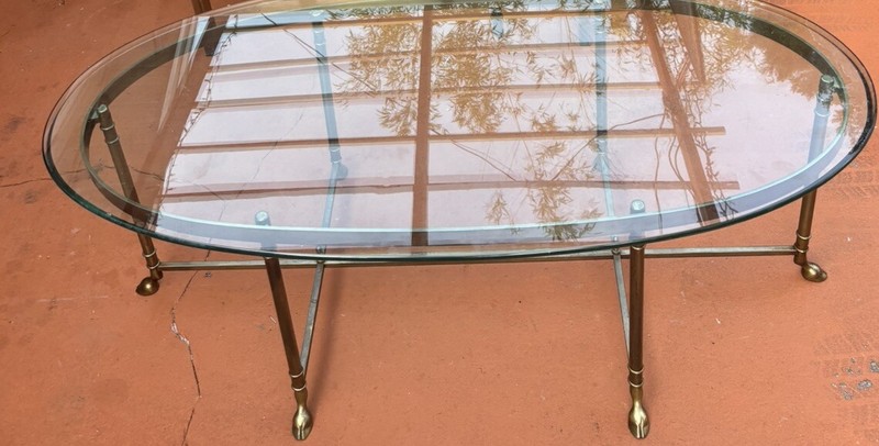 Italian Neo-Classical Regency Hoof Footed Oval Brass & Glass Cocktail Table