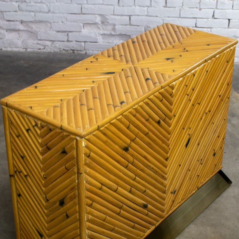 Modern Coastal Sofa Console Table Split Reed Bamboo Pedestal & Brass Plinth Base gallery