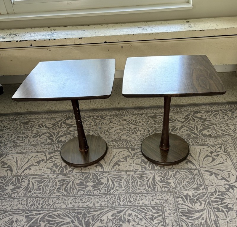 Pair Of Mid Century Modern Wood Laminate Tulip Side Table Vintage 17″ Tall 15”W