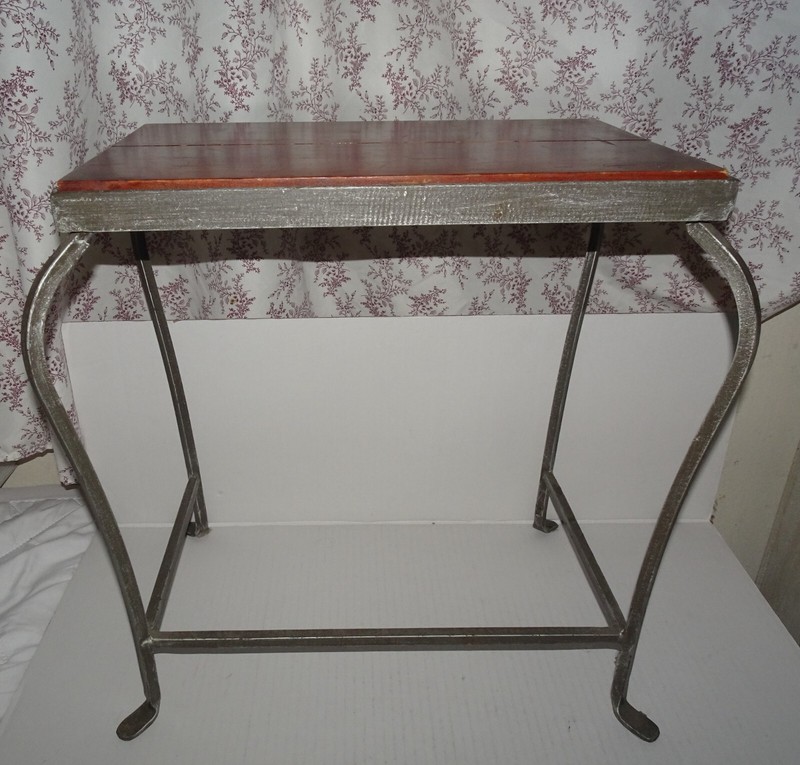 Vintage small side table with a Mahogany top and wrought iron Frame and legs gallery