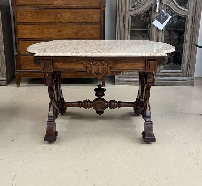 19th C. Victorian Renaissance Revival Carved Walnut Marble-Top Desk 49.5" gallery