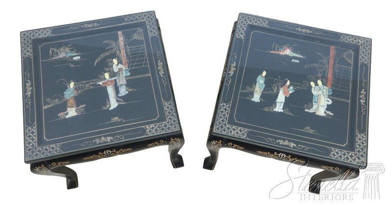 56176EC: Pair Chinese Black Lacquer Decorated Lamp Tables
