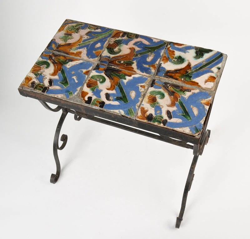 Antique Wrought Iron Side Table 16th Century Spanish Azulejo Cuenca Tile Moorish