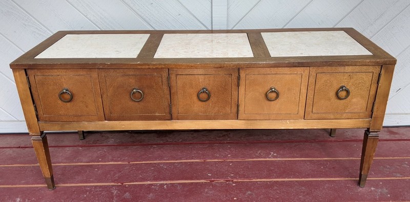 Mid-Century Modern Marble-Top Travertine Top Wooden Cradenza w Open Cabinets