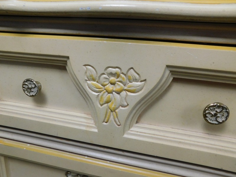 PAIR Nightstand End Side Tables 2 DRW Petite Fleur Dawn White Scroll Legs VTG gallery