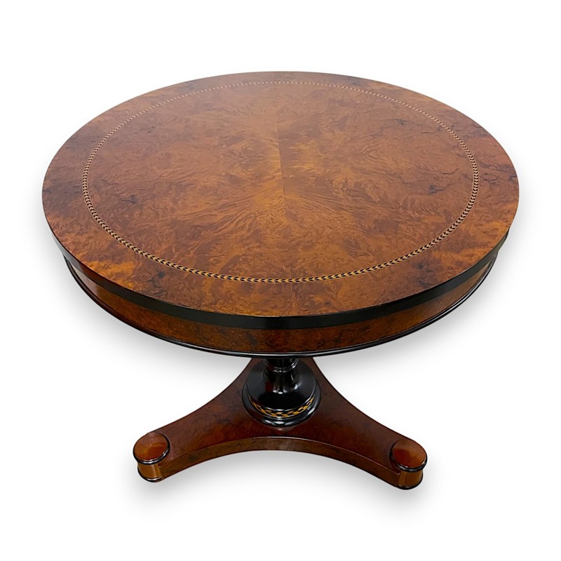Regency Burl Walnut & Ebony Pedestal Center Table With Marquetry – Refinished