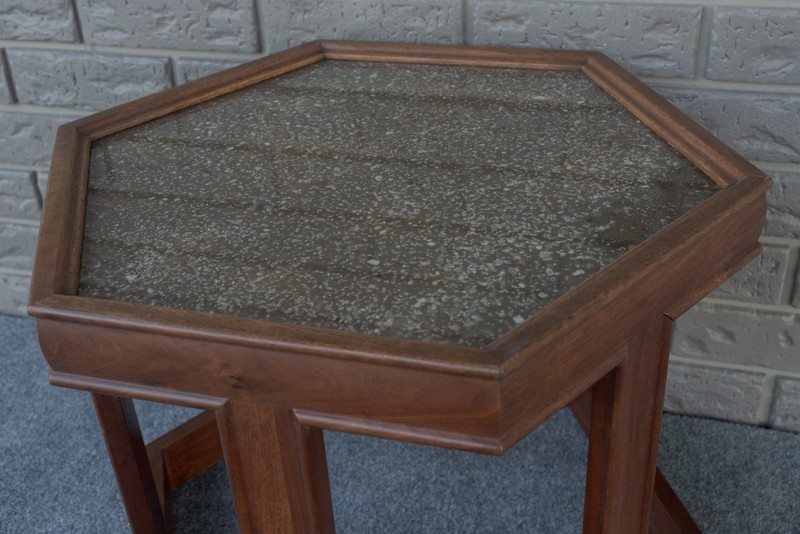 Mid Century Modern John Keal for Brown Saltman Walnut & Glass Hexagon End Table gallery