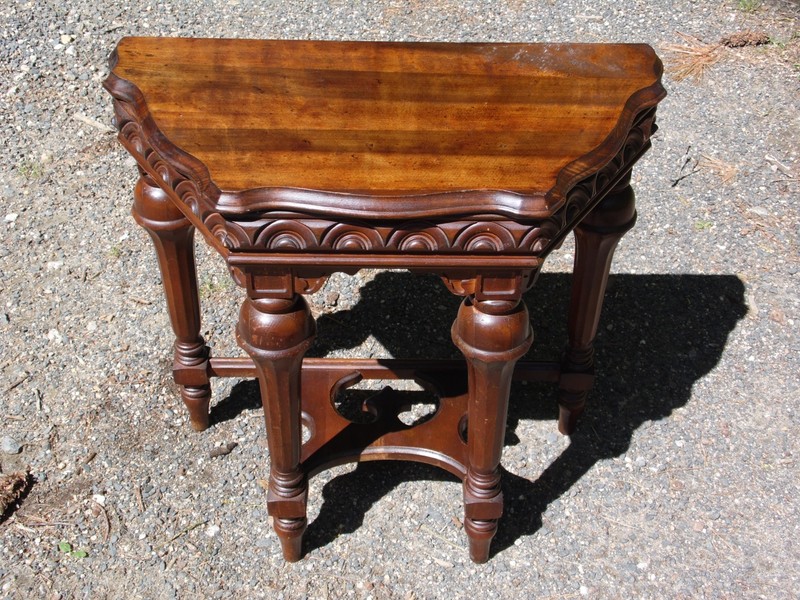 Vintage Jacobean Spanish Revival Style Solid Walnut Entry Table Demilune Table gallery