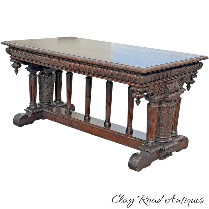 Antique tiger oak center table victorian carved flint renaissance Horner 1880