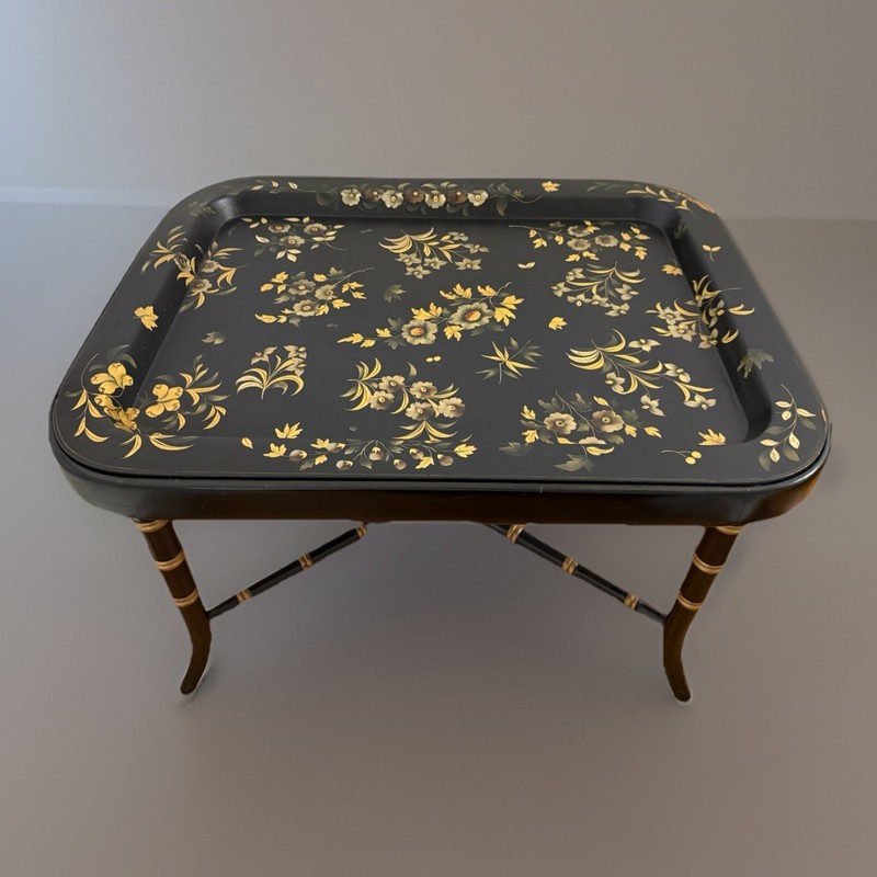 Antique Victorian Lacquer Tray & Table Stand
