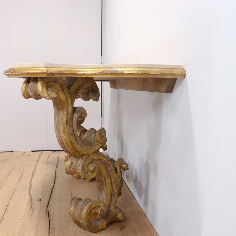 Gessoed & Gilt Rococo / Louis XV Style Demilune Console Table with Limestone gallery