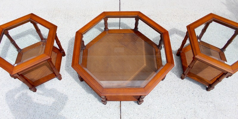 Mid-Century Modern Walnut Octagonal Glass Top & Cane Coffee Table + 2 Matching gallery