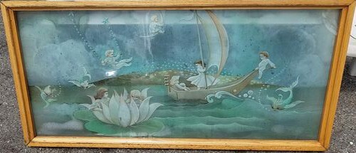 Large Vintage Heavy Reverse Painting Glass Window Cherubs Sea Horses Clam Shell gallery