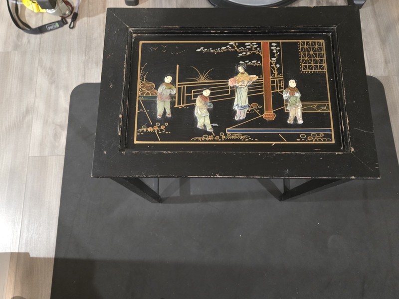Oriental Black Japanese Furniture Lacquer Wood Side Table Carved gallery