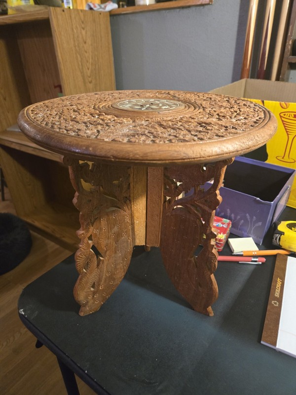 Vintage Hand Carved Folding Side Table/ Plant Stand