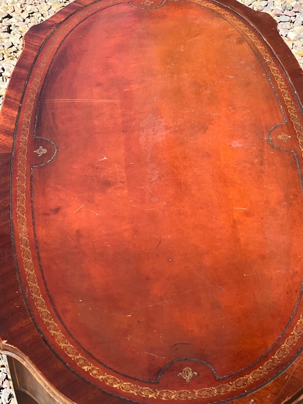 VTG 1940s Mahogany Wood Coffee Table Leather Top Embossed Gold Trim w/Drawer gallery