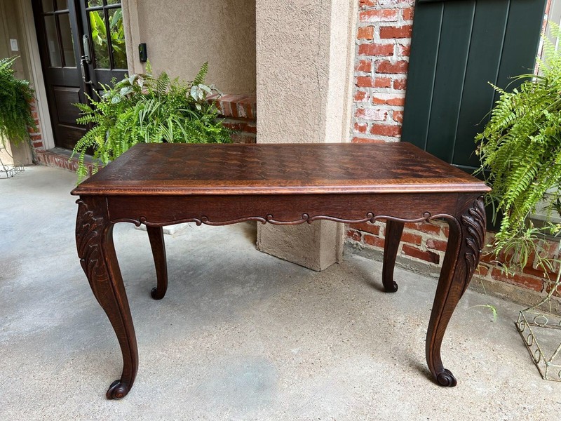 Antique French Breakfast Sofa Table Writing Desk Louis XV Carved Oak Parquet gallery