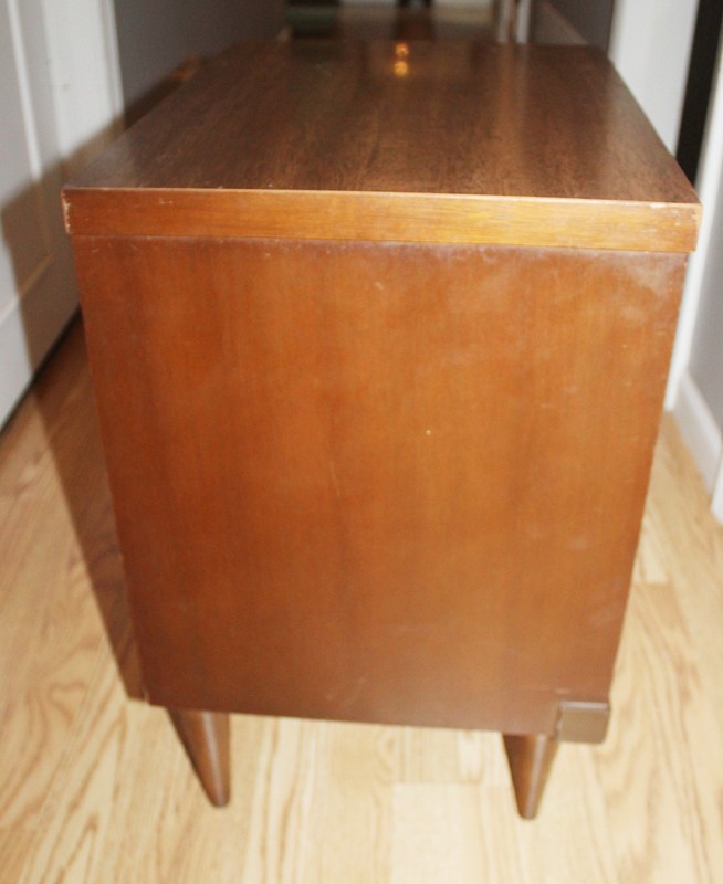 VINTAGE MCM HEAVY WOOD END BEDSIDE TABLE NIGHTSTAND 2 DRAWER LINEAR 22 3/4 X 19" gallery