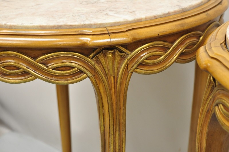 French Provincial Hollywood Regency Round Pink Marble Top Side Tables - a Pair gallery