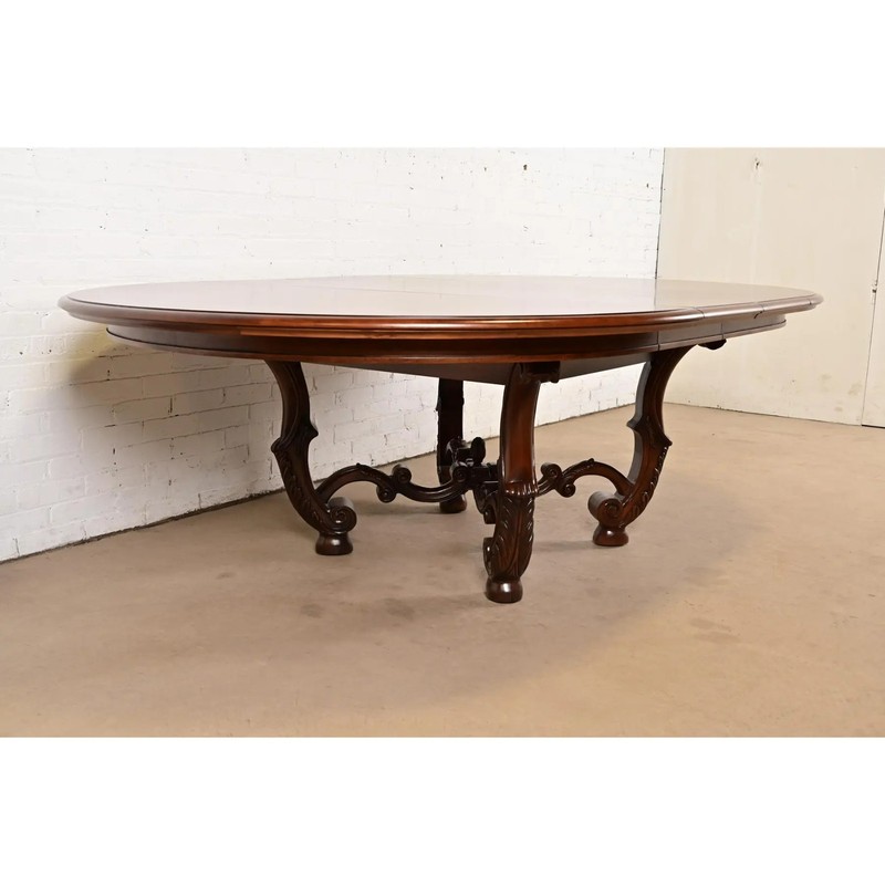 Henredon Italian Provincial Carved Walnut and Burl Wood Pedestal Dining Table gallery