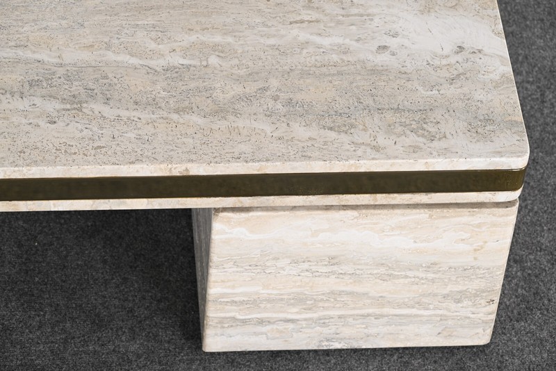 Monumental Travertine and Stainless Steel Coffee Table manner of Karl Springer gallery