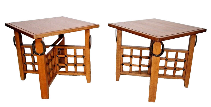 Rustic Western Retro Pair Oak Veneer End Tables Night Stands Horse shoe theme