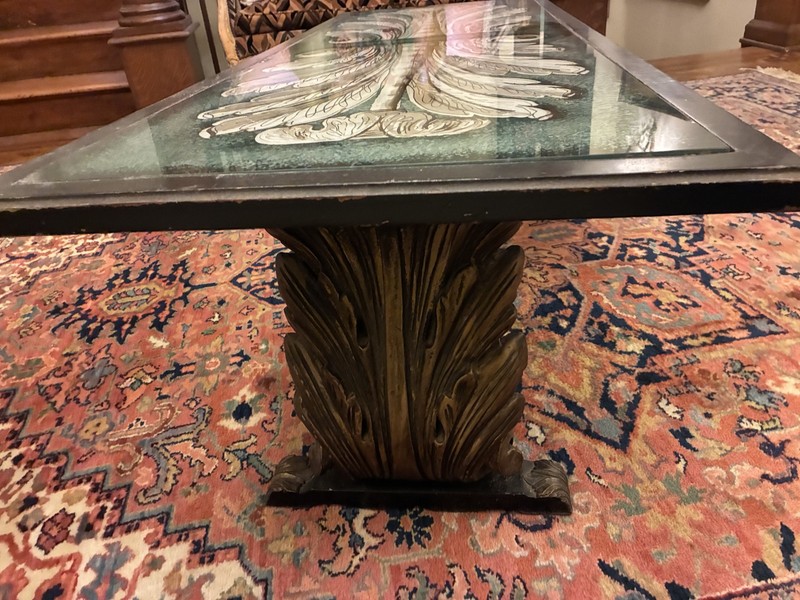 Gorgeous Mid-Centry Italian Coffee Table Reverse Painted Glass Top Giltwood Base gallery