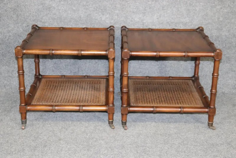 Pair of French Faux Bamboo End Side Tables with Cane Bottoms and Casters gallery