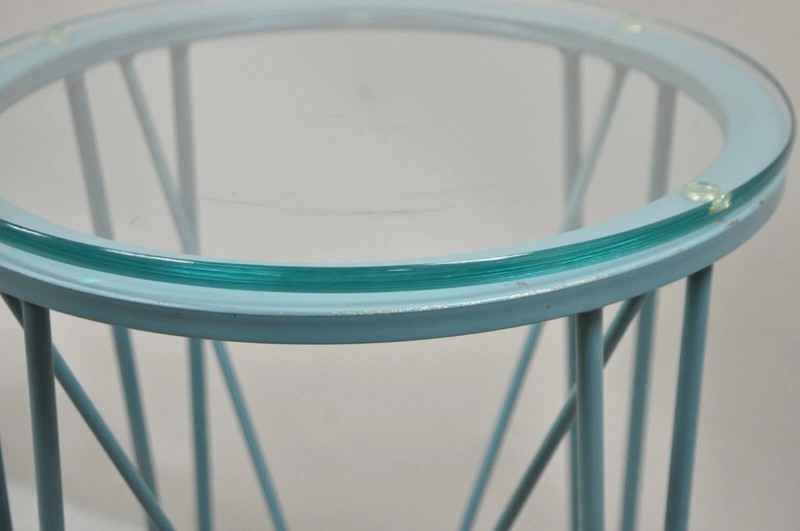Postmodern Blue Wrought Iron "Skyscraper" Glass Top Pedestal Stand Side Table gallery