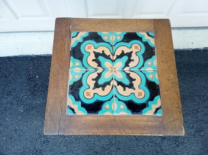 Vintage 40s Mexican tile top wood table 17.5 x 17 x 17" gallery