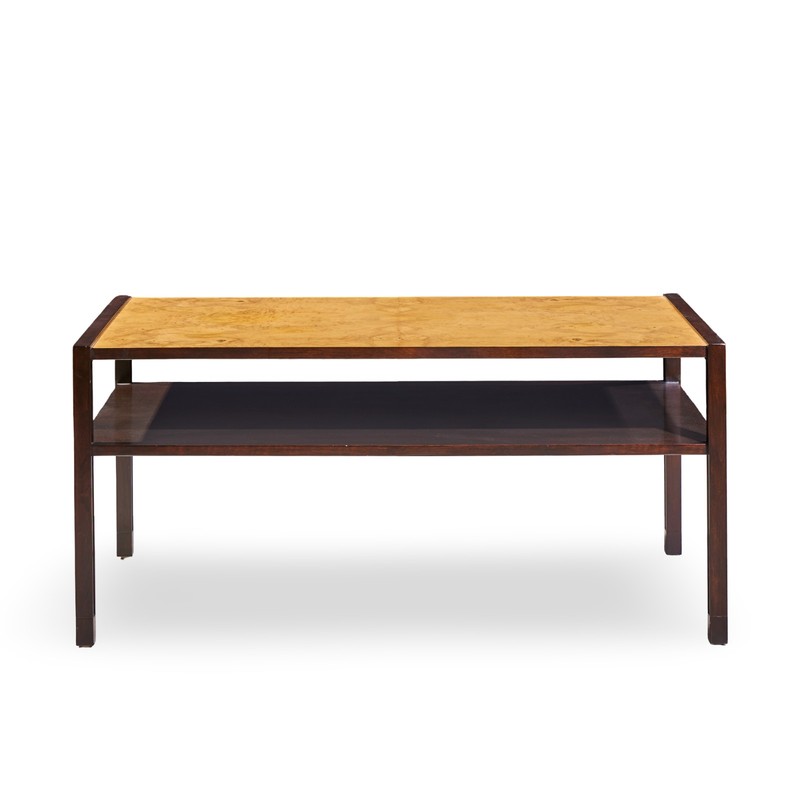 Edward Wormley for Dunbar Mid Century 2-Tier Burlwood and Mahogany Coffee Table gallery