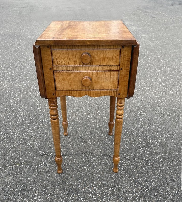 Antique American countr tiger maple work table c1825 strong all over tiger maple