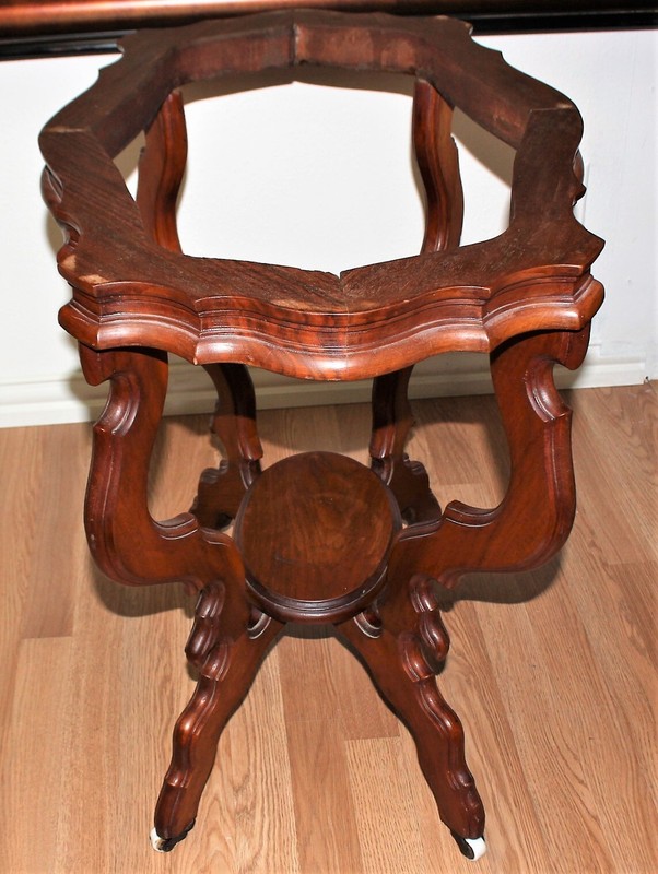 Antique Victorian Walnut and Marble Turtle Top Parlor Table on Casters gallery