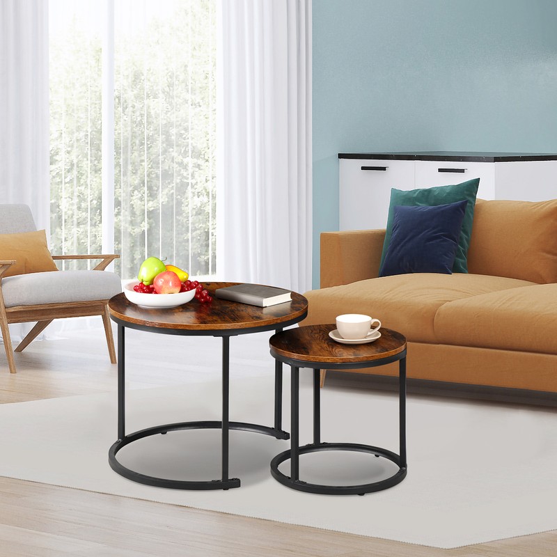Nesting End Table Set of 2 Round Wood Accent Side Coffee Tables with Metal Frame gallery