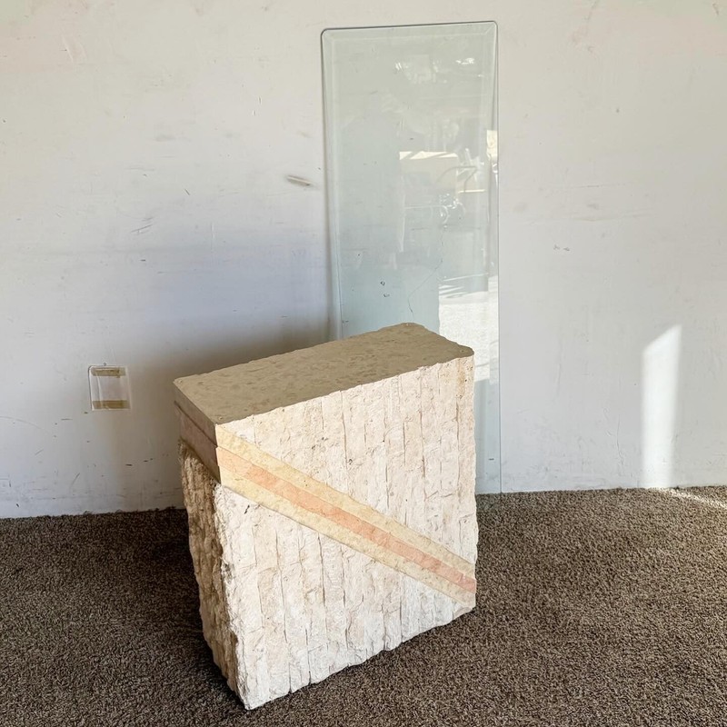 Postmodern Pink and Beige Tessellated Stone Glass Top Console Table gallery