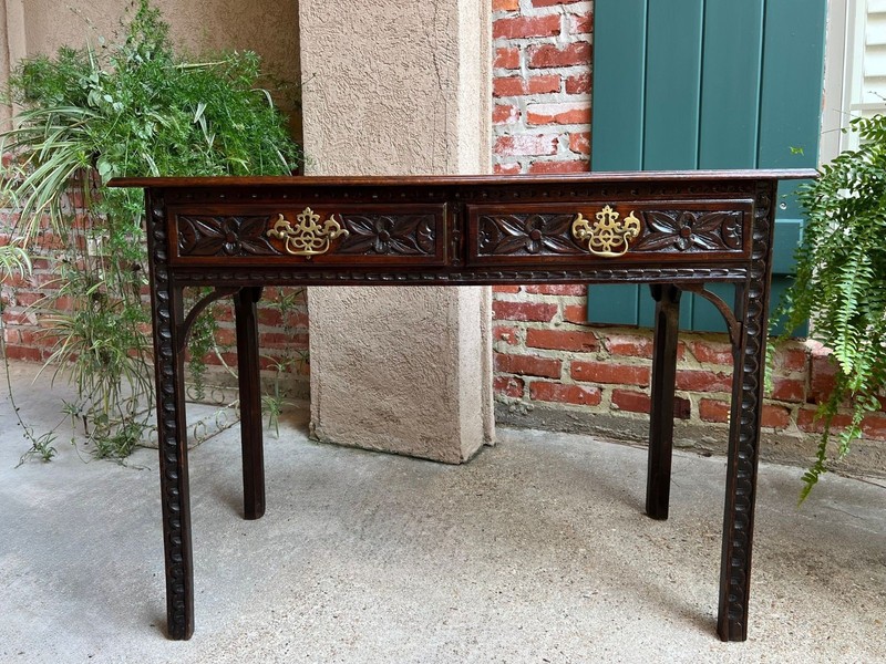 Antique English Sofa Console Table Jacobean Carved Oak Foyer Table c1890 gallery