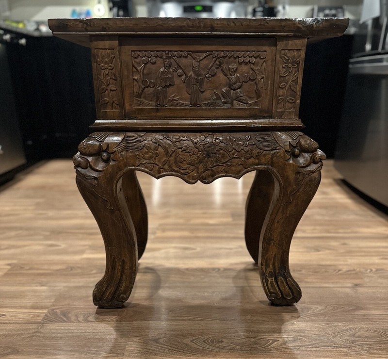Antique Asian Floral And Animal Motif Hand Carved w Drawer Beautiful!! gallery