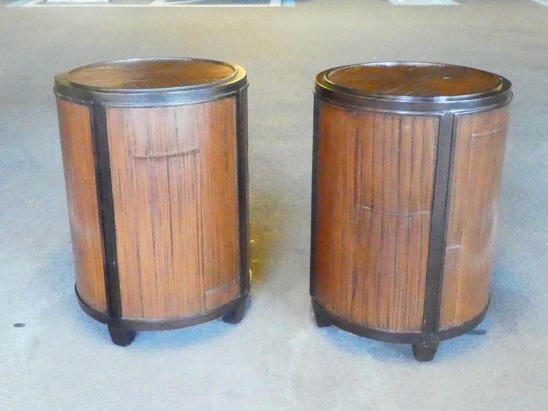 PAIR OF HANDSOME MCGUIRE WOOD AND BAMBOO DRUM TABLES