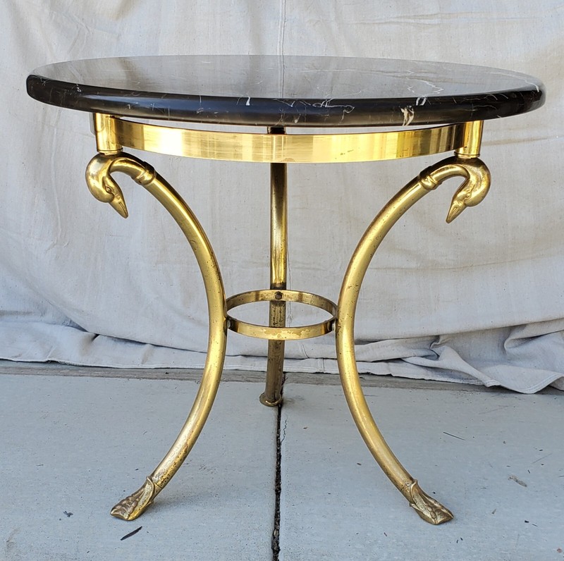 Mid Century Modern Custom Marble Top Brass Swan Neck 30" Table Hollywood Regency gallery