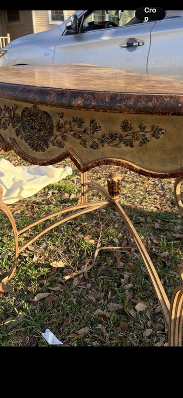 Victorian Antique Half Moon Accent Table Wood Top, Ornate Metal Legs, Carvings gallery