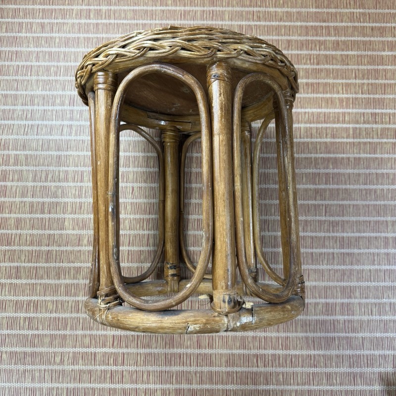 VTG rattan wicker stool plant stand 12” Round Bamboo Mid Century