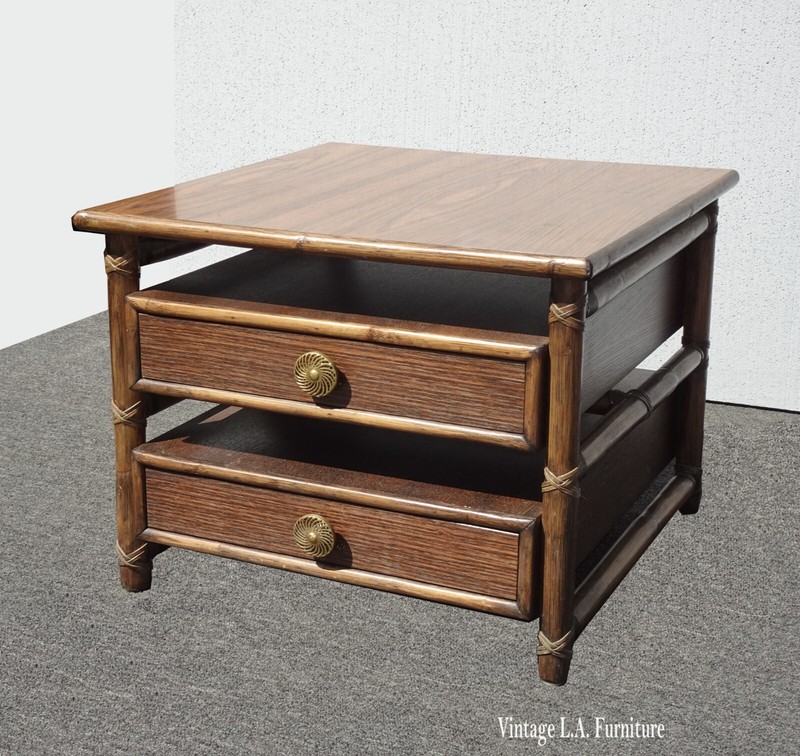 1980s McGuire Two Tier Side Table with Leather and Brass Hardware French Country