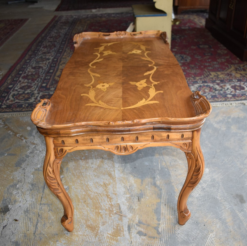 Vintage French Provincial Coffee Table Inlay Wood Carved Cabriole Legs gallery