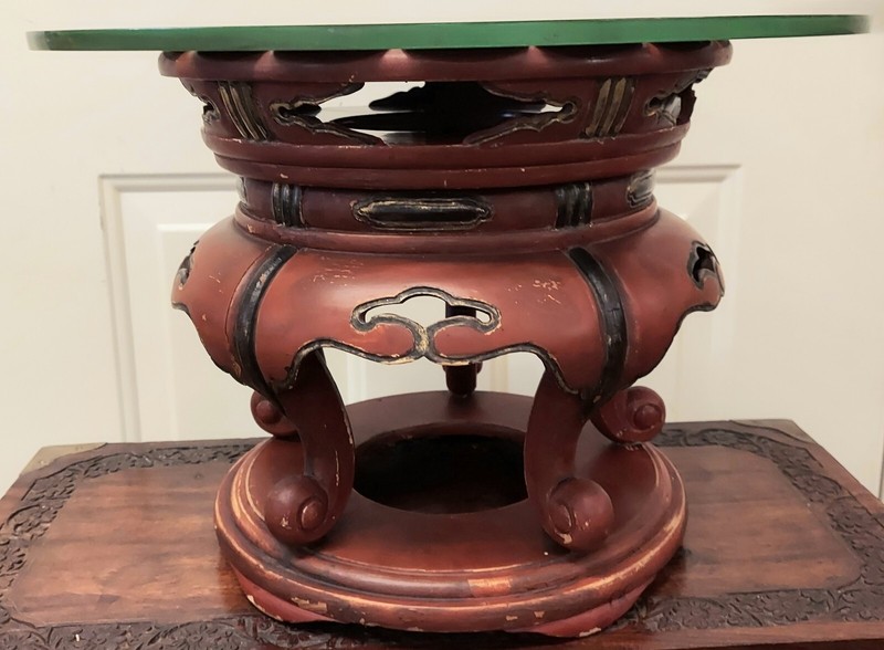 ANTIQUE JAPANESE RED LACQUER GLASS TOP SIDE TABLE OR PLANT STAND