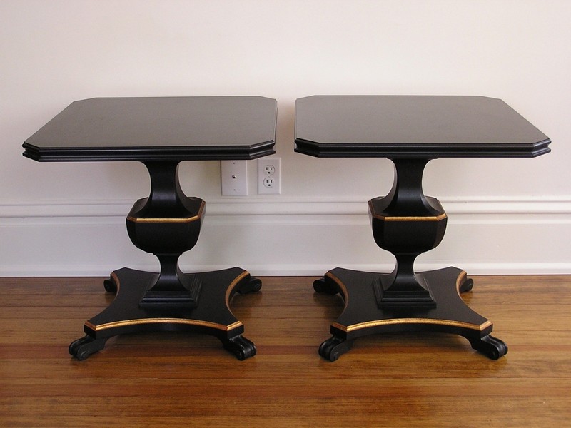 Vintage Pair Two 2 Ebonized Walnut Strong End Tables Black Gold Trim 50s 1950s
